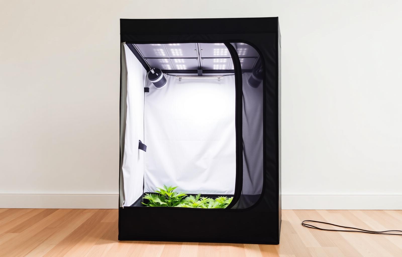 Modern grow tent with sleek LED panel